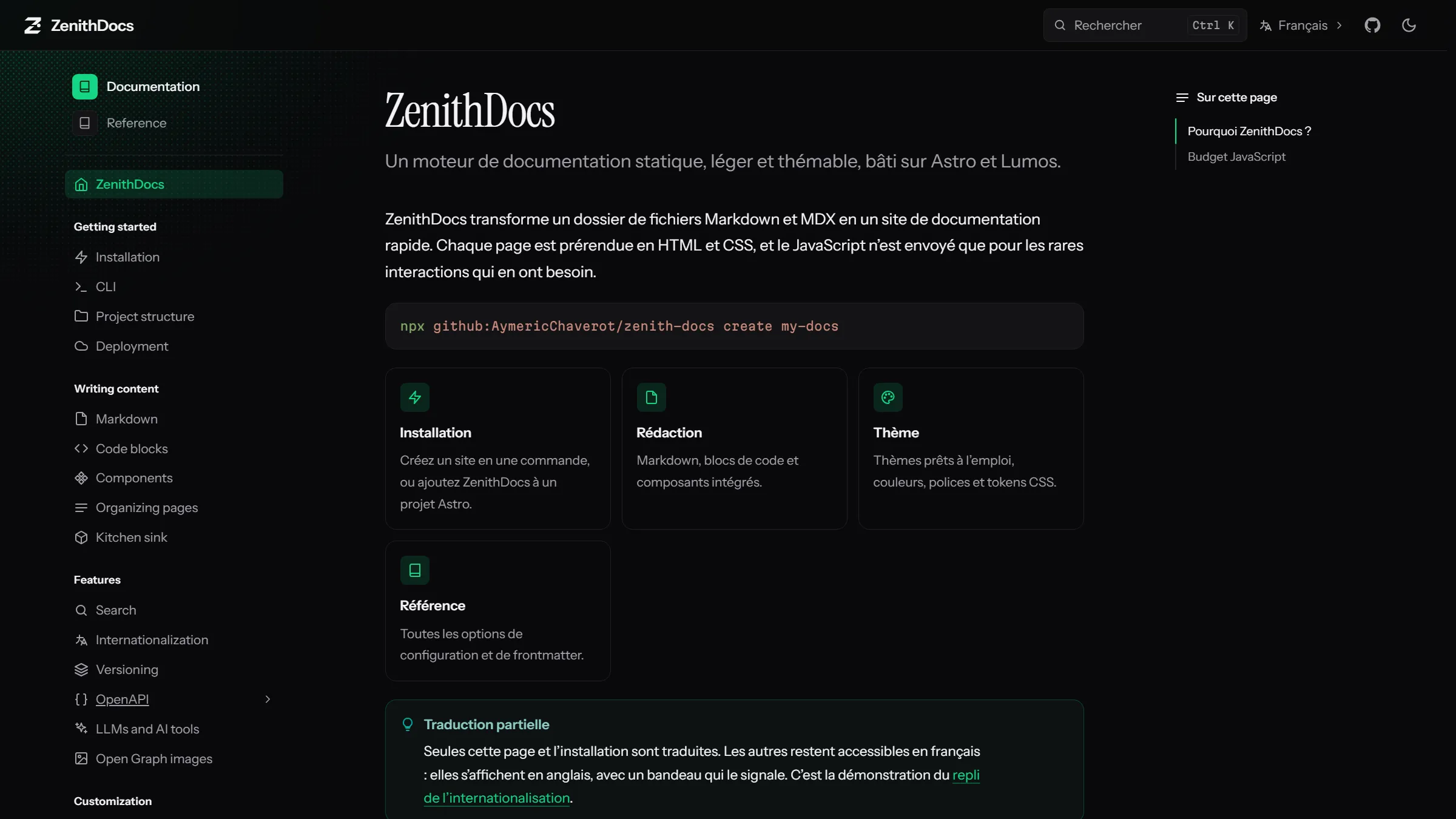 Page d'accueil de la documentation ZenithDocs